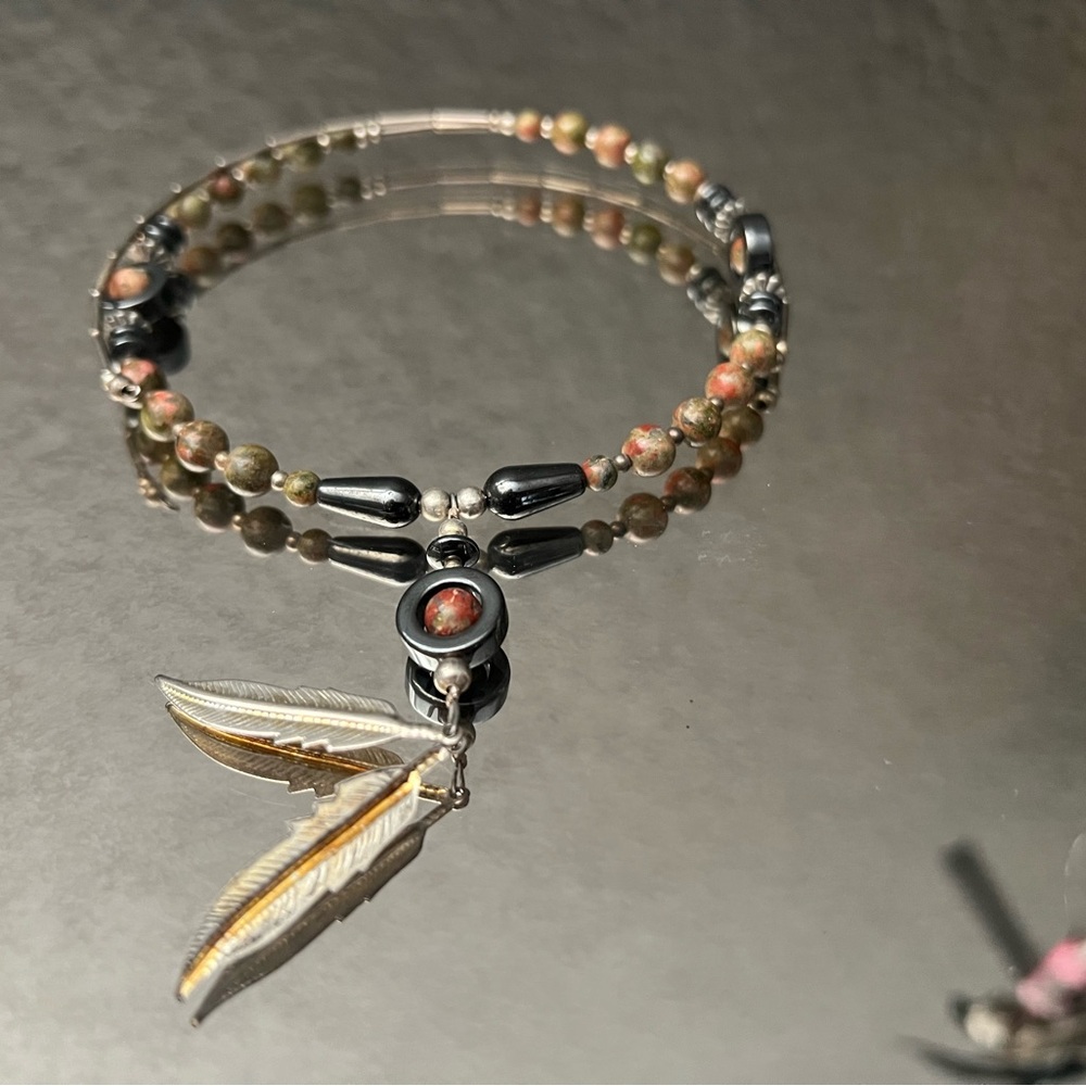 Original Indian Made Unakite and Hematite Stone Necklace with Silver Feathers